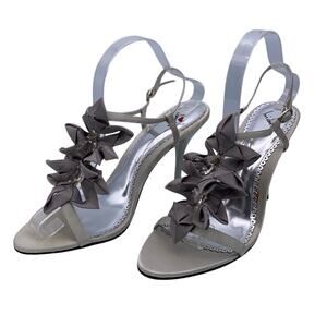 Luichiny Primal Silver Satin Bow Gem Embellished Ankle Strap Heels Sz 9B NWT